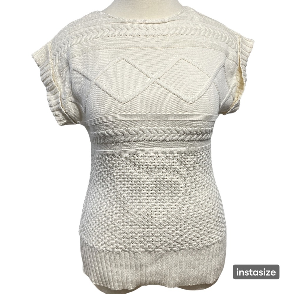 Cream Cable Knit Sweater Top Short Sleeve Textured SZ XL Layering‎ Preppy Chunky